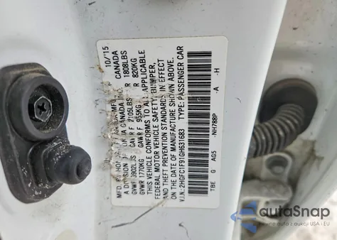 2016 Honda Civic Touring from USA, damaged, VIN 2HGFC1F91GH631683